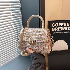Multicolor Tweed Top-Handle Shoulder Bag with Cream Trim